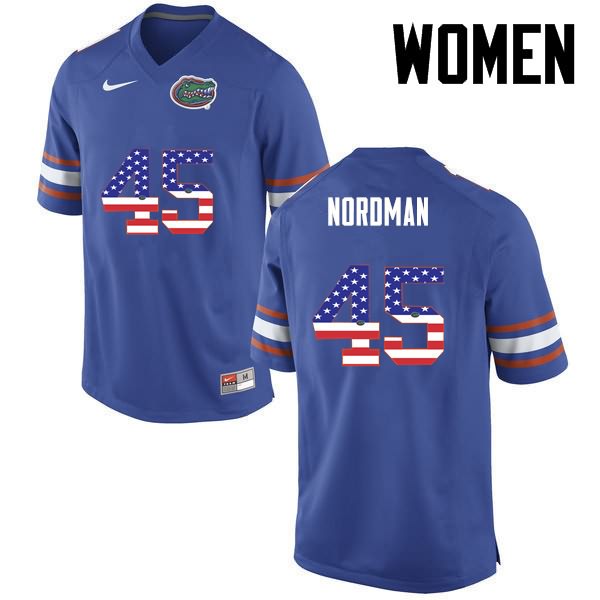 Women's NCAA Florida Gators Charles Nordman #45 Stitched Authentic USA Flag Fashion Nike Blue College Football Jersey HRV5865NG